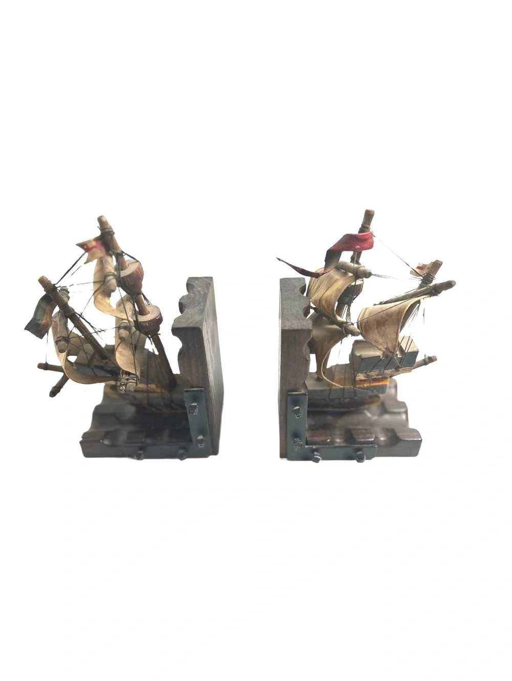 Vintage Wooden Ship Model Bookends with Detailed Sails